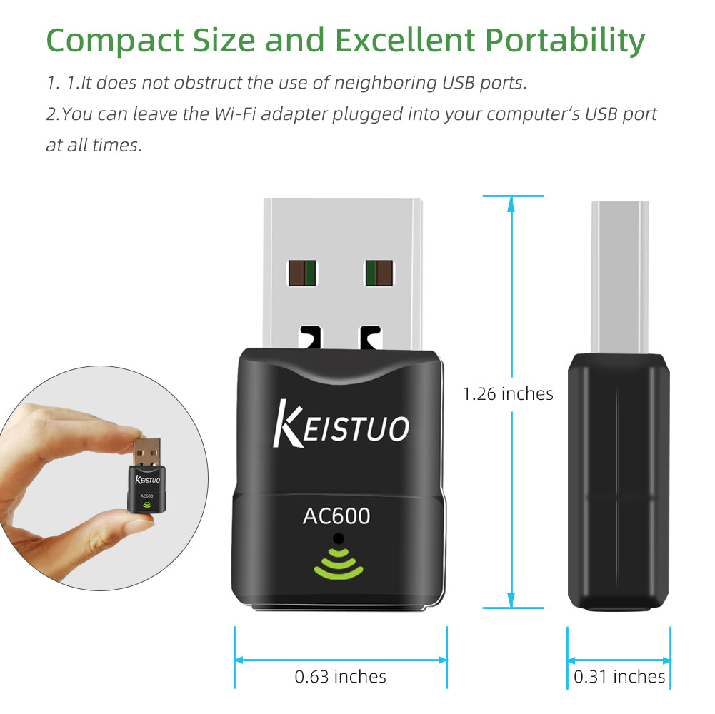 AC600 WiFi Adapter for Desktop PC Laptop - Wireless Adapter for PC, Dual Band 2.4GHz/5GHz, Mini USB WiFi Adapter Compatible with Windows 11, 10, 8, 7, XP Computer Network Adapters